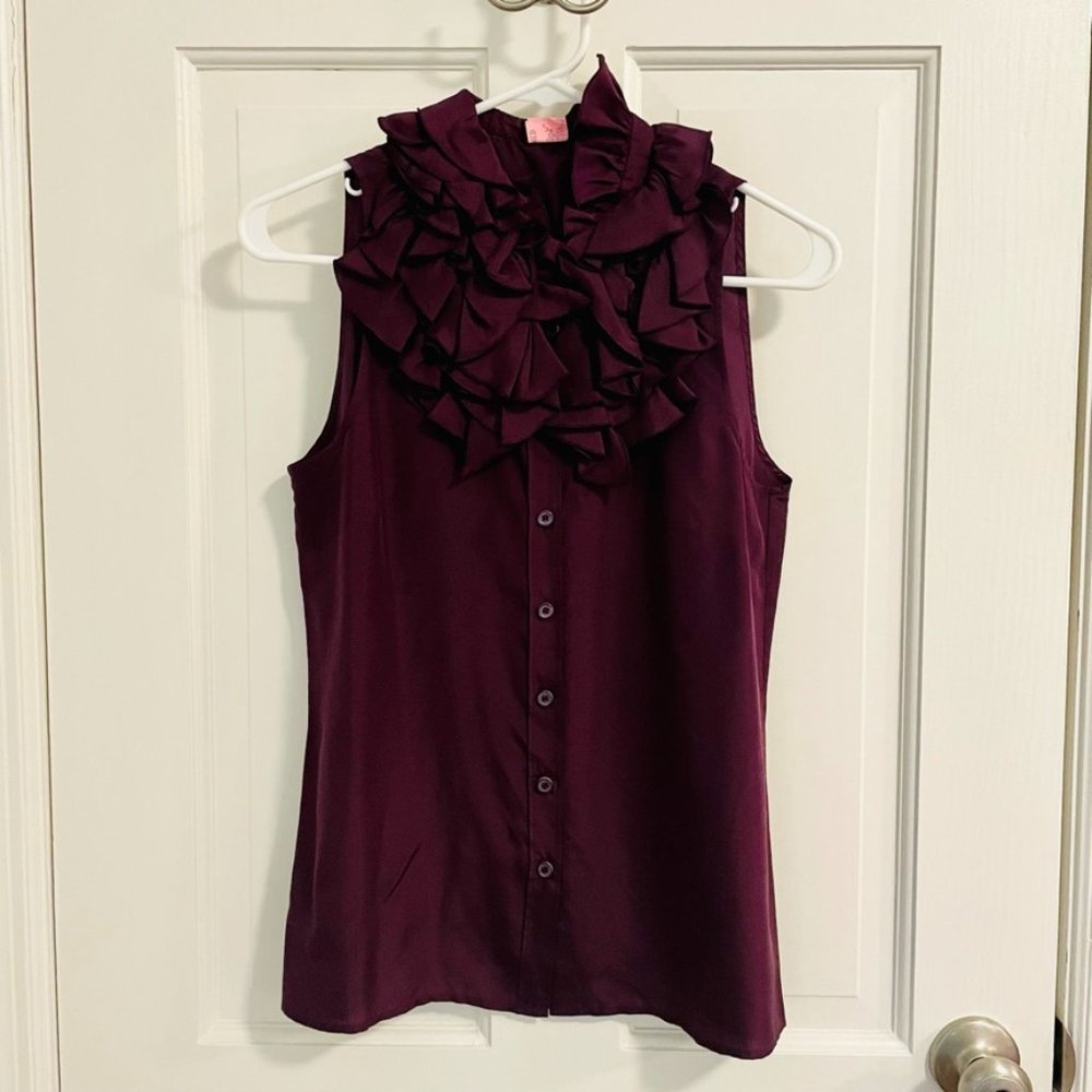 J.Crew | Silk Ruffle Neck Sleeveless Blouse | Eggplant Purple | Size 4